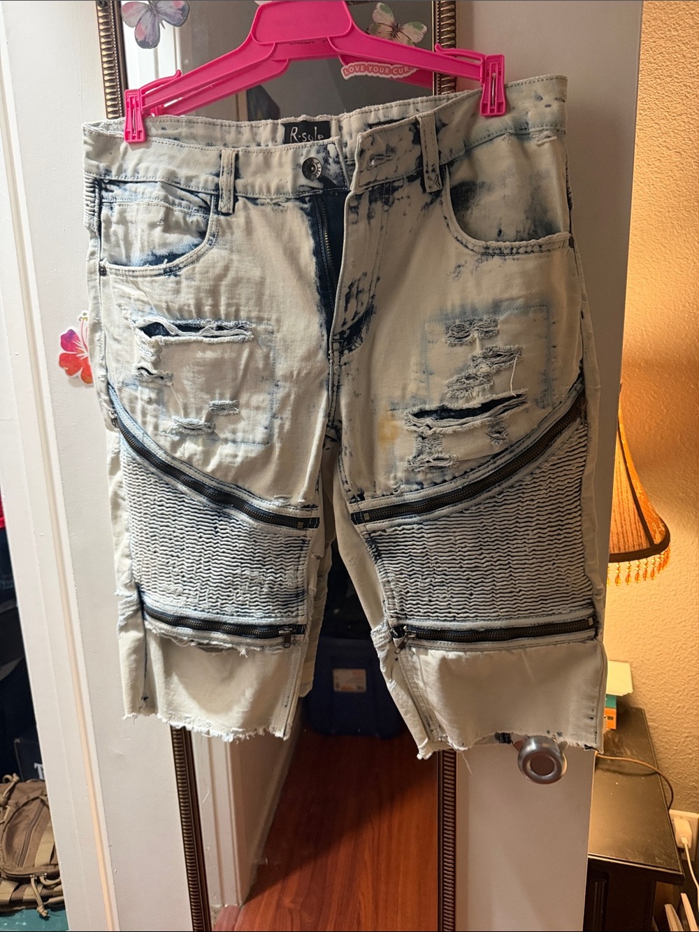 R•sole Buckle Distressed Light blue Jean Shorts with Zip Details